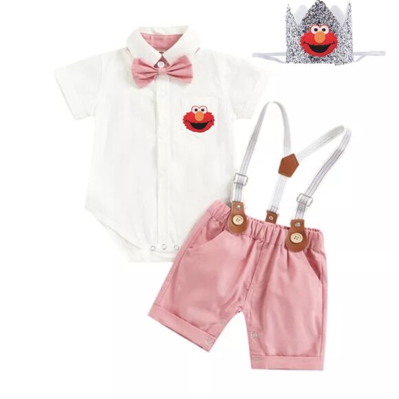 Elmo Outfit Boy Smash Cake Birthday Elmo Clothes Sesame Street Suspenders Smash - Picture 1 of 6